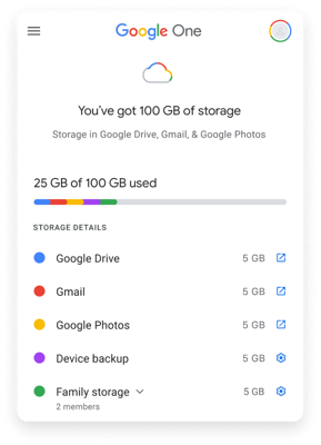 Google One storage with 25GB used out of 100GB, divided between Google Drive, Gmail, Photos, Device backup, and Family storage.