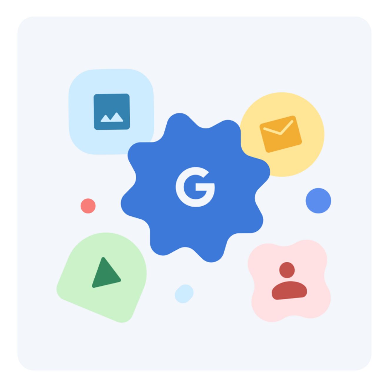 An illustration of a gear with a Google G on it surrounded by icons for photos, videos, contacts, and mail.