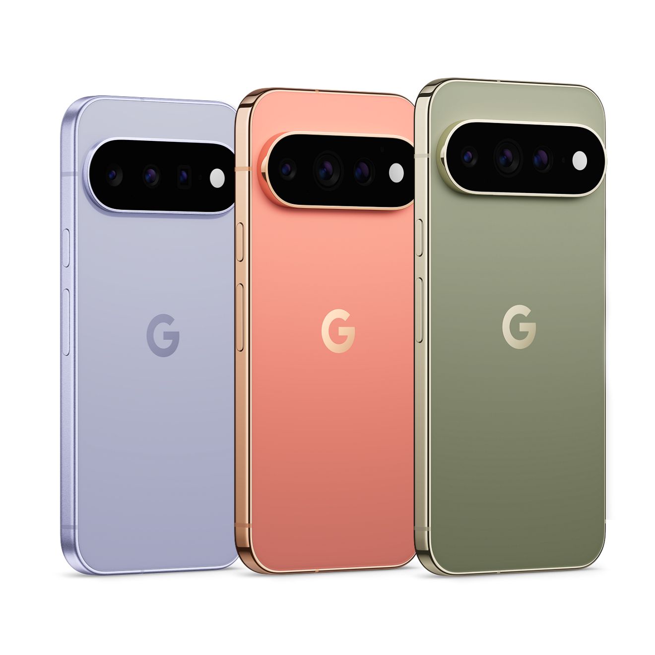 Pixel 11 in Frost color. Pixel 11 Pro in Canyon color. Pixel 11 Pro XL in Olive color.