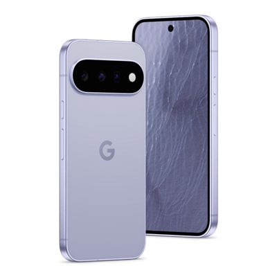 Google Pixel smartphone shown from the front and back in a light purple finish, featuring a rear camera bar and centered.