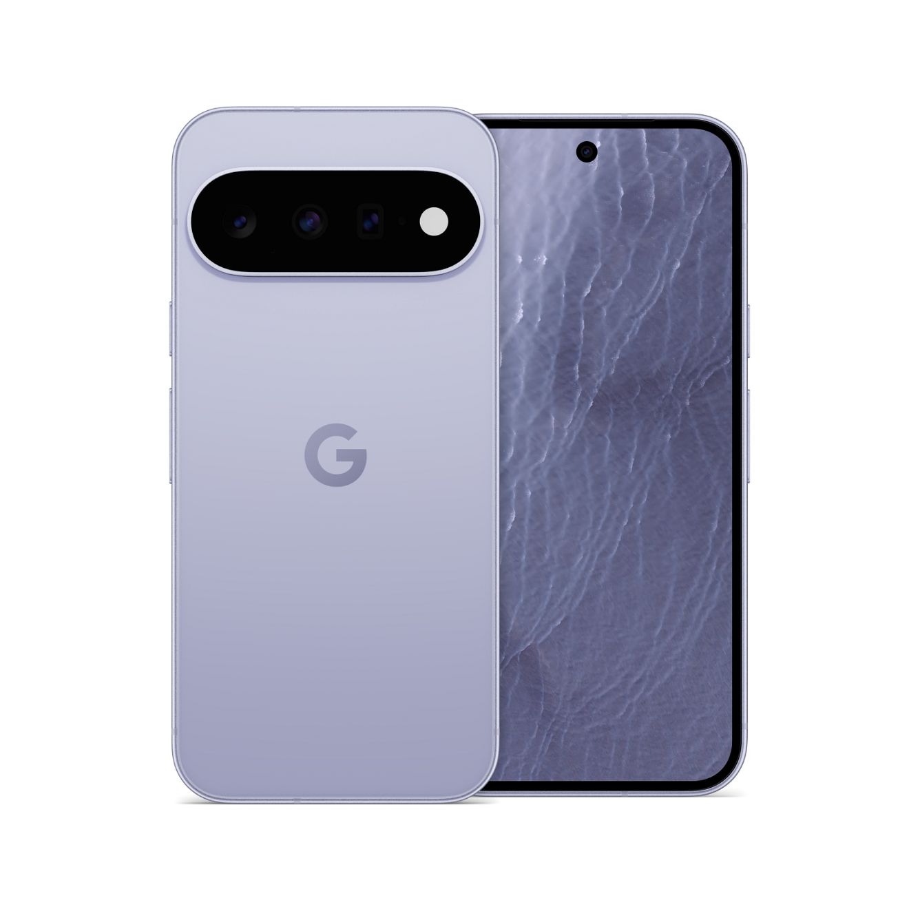 Google Pixel smartphone shown from the front and back in a light purple finish, featuring a rear camera bar and centered Google logo.