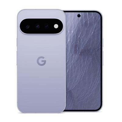 Google Pixel smartphone shown from the front and back in a light purple finish, featuring a rear camera bar and centered Google logo.