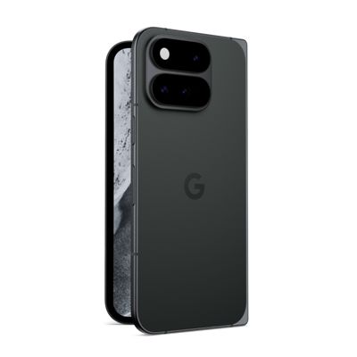 Google Pixel 11 Pro Fold shown from the front and back in a dark gray finish, featuring a dual rear camera.