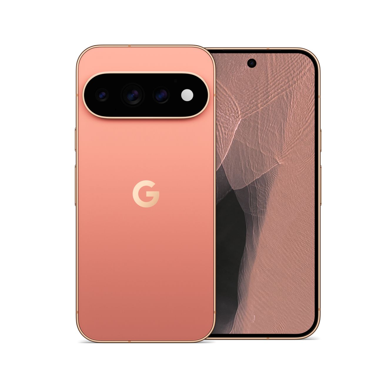 Google Pixel smartphone shown from the front and back in a coral finish, featuring a rear camera bar.