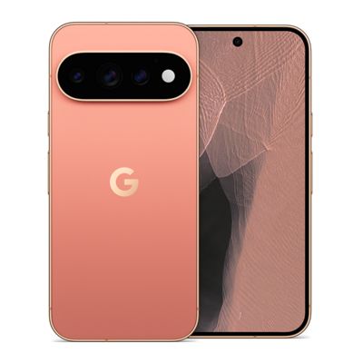 Google Pixel smartphone shown from the front and back in a coral finish, featuring a rear camera bar and centered Google logo.
