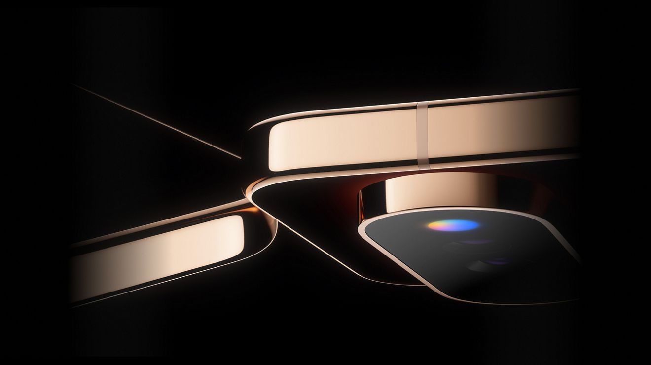 Close-up of the next Google Pixel camera design in a shiny gold finish against a dark background.
