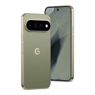 Google Pixel smartphone shown from the front and back in a soft green finish, featuring a rear camera bar and centered.