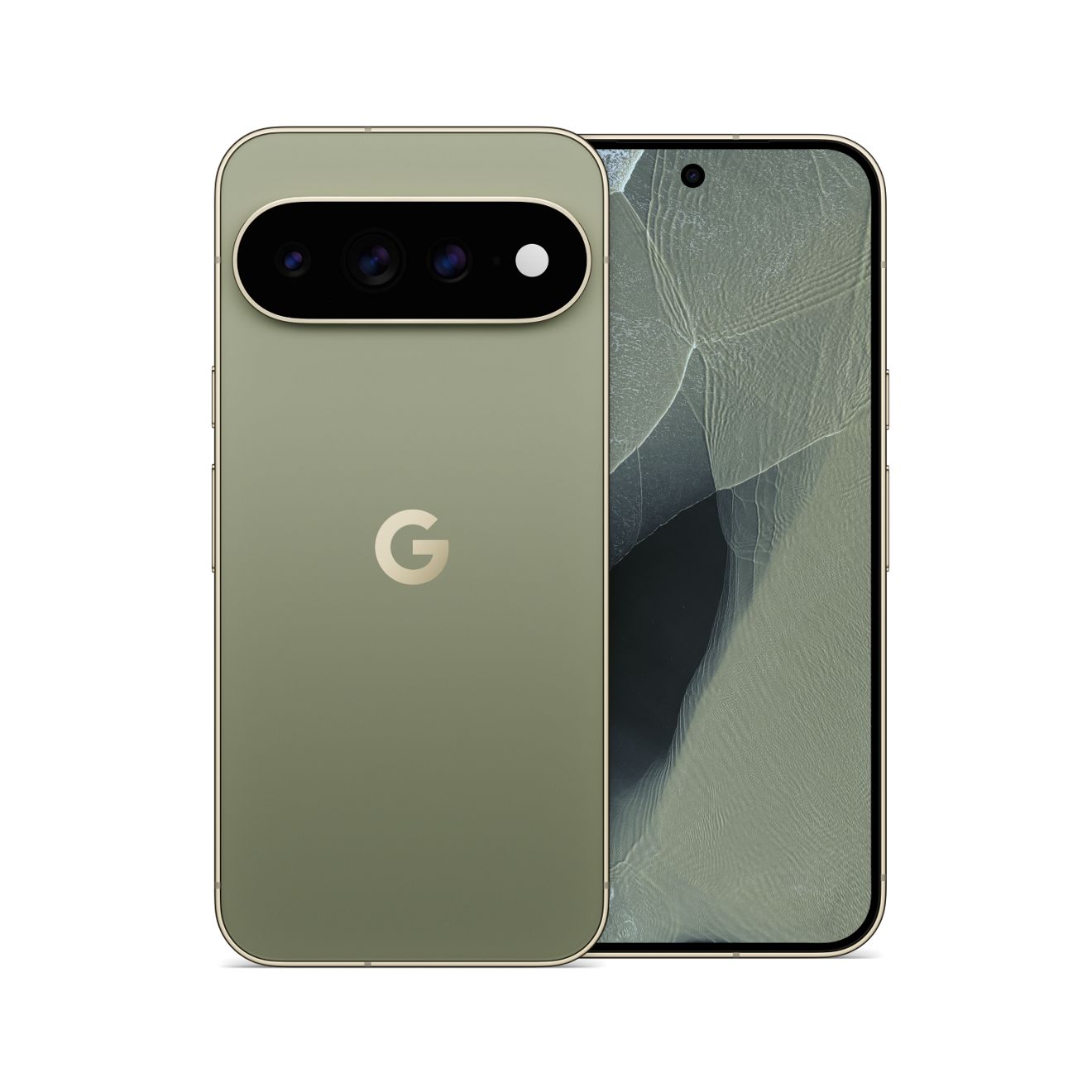 Google Pixel smartphone shown from the front and back in a soft green finish, featuring a rear camera bar.
