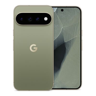 Google Pixel smartphone shown from the front and back in a soft green finish, featuring a rear camera bar.