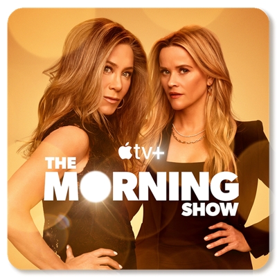Jennifer Aniston and Reese Witherspoon pose in a promo for The Morning Show.