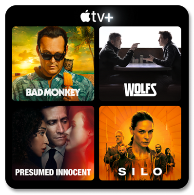 A promotional image for Bad Monkey, Wolfs, Presumed Innocent, and Silo.
