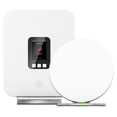 ​​A white T-Mobile 5G gateway and a white circular mesh access point.​ 