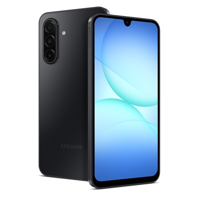 A Galaxy A17 5G shown from the front and back, highlighting its clean blue display and sleek black finish.