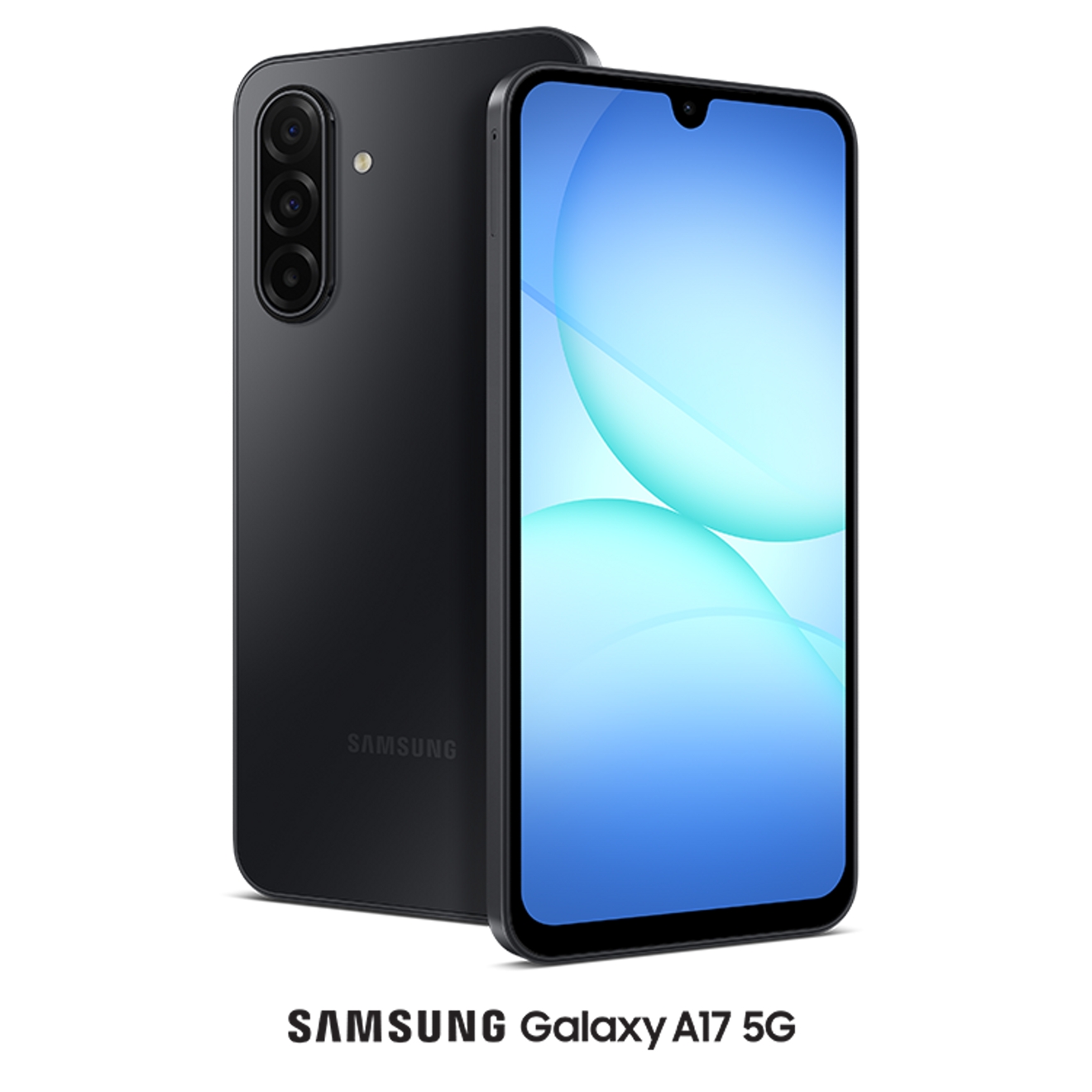 Two Galaxy A17 5G phones floating on a blue gradient background—one showing its bright screen, the other showing off the sleek black back.
