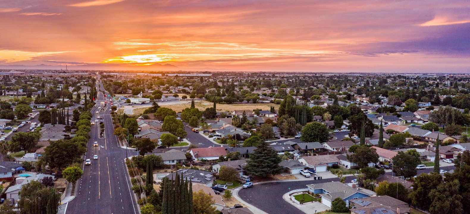 A cityscape at dusk.