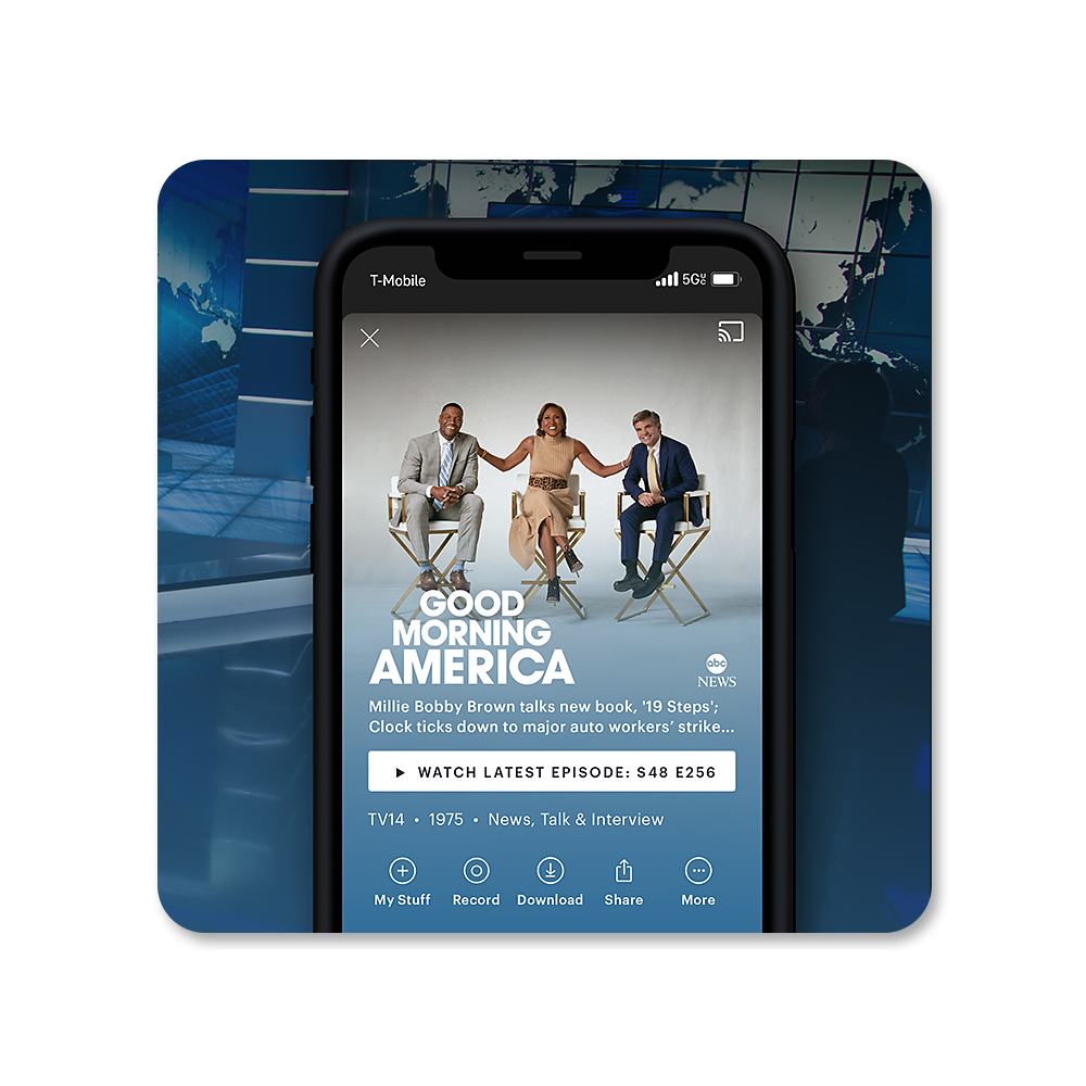 Phone screen showing ABC’s Good Morning America streaming on the Hulu app.
