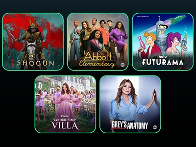 Promos for FX’s Shogun, ABC’s Abbott Elementary, Futurama on Hulu, Hulu’s Vanderpump Villa, and ABC’s Grey's Anatomy.