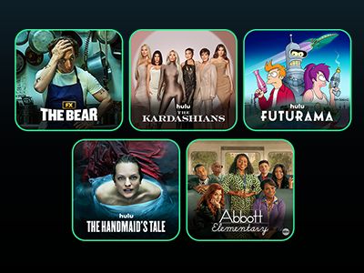 Promos for FX’s The Bear, Hulu’s The Kardashians, Futurama on Hulu, Hulu’s The Handmaid’s Tale, and ABC’s Abbott Elementary.