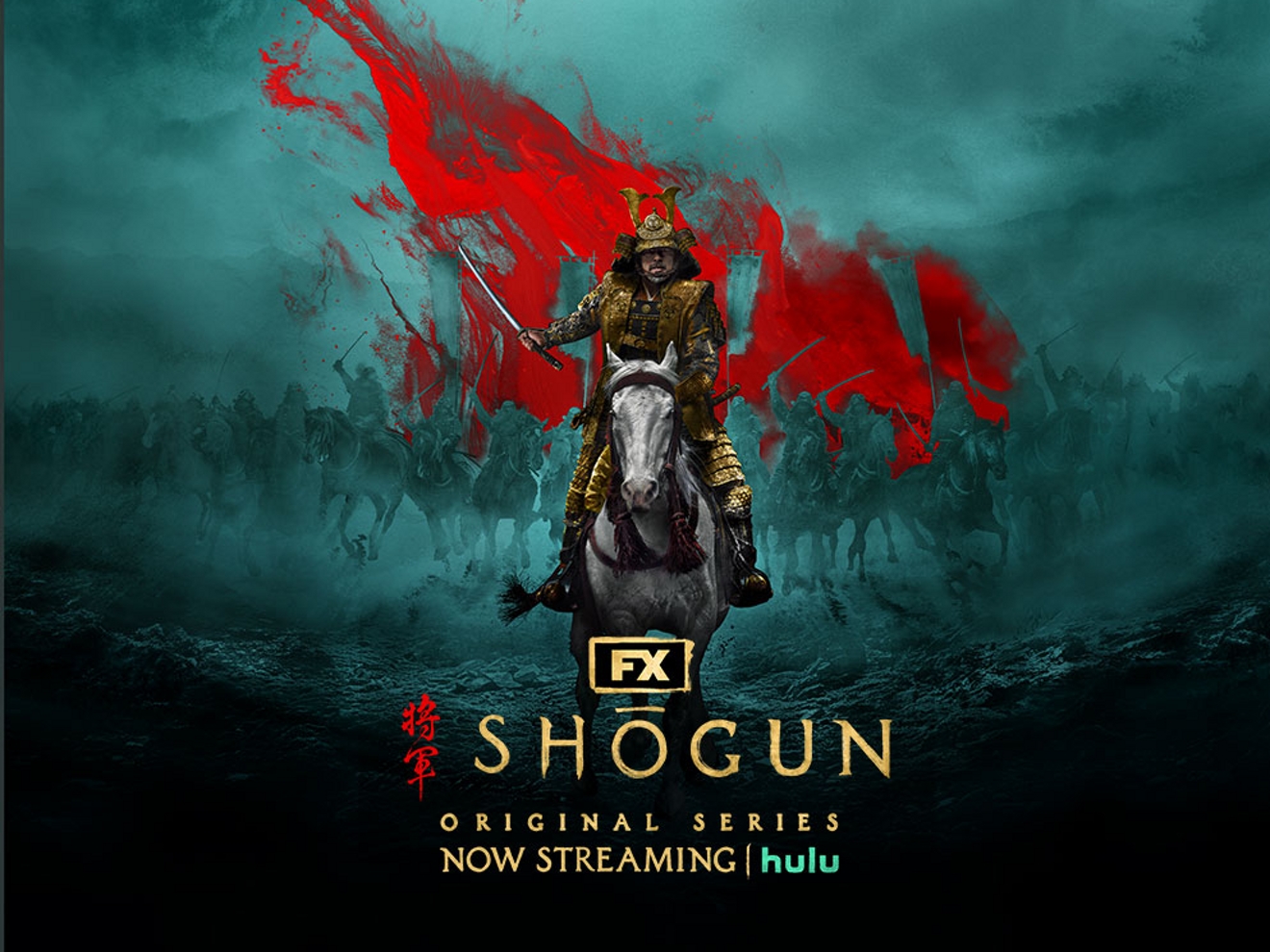 A promotional image of a samurai on a horse from Hulu's show Shogun
