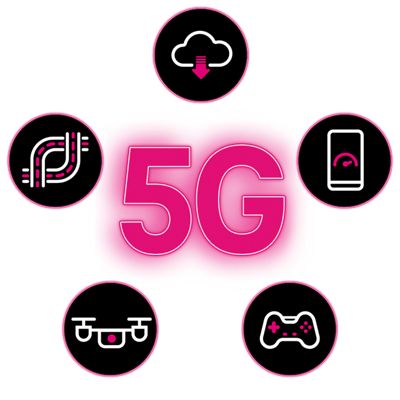 5G text in a glowing magenta hue surrounded by a drone illustration, controller illustration, phone illustration, cloud download illustration, and intersecting roads illustration.