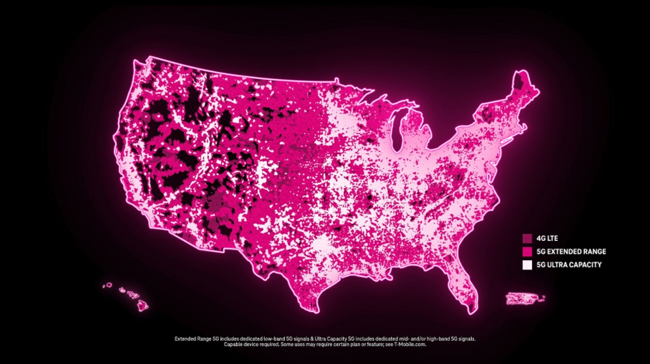 A United States map of T-Mobile 4G LTE, 5G Extended Range, and Ultra 5G Capacity coverage with the text ‘Extended Range SG Includes dedicated low-band SG signals & Ultra Capacity SG includes dedicated mid- and/or high-band SG signals. Capable device required. Some uses may require certain plan or feature; see T.Mobile.com.