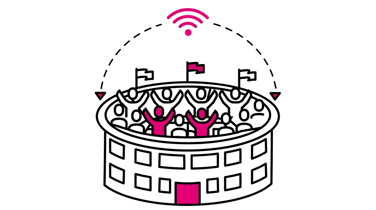 An icon of a crowded arena with a strong bandwidth symbol and an arc showing the flow of data. 