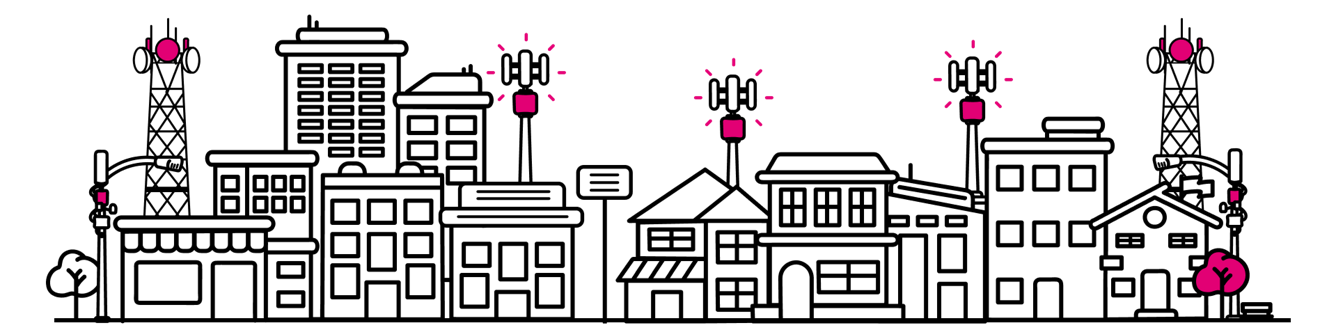 Decorative cityscape showing connected buildings, cell towers and a satellite.