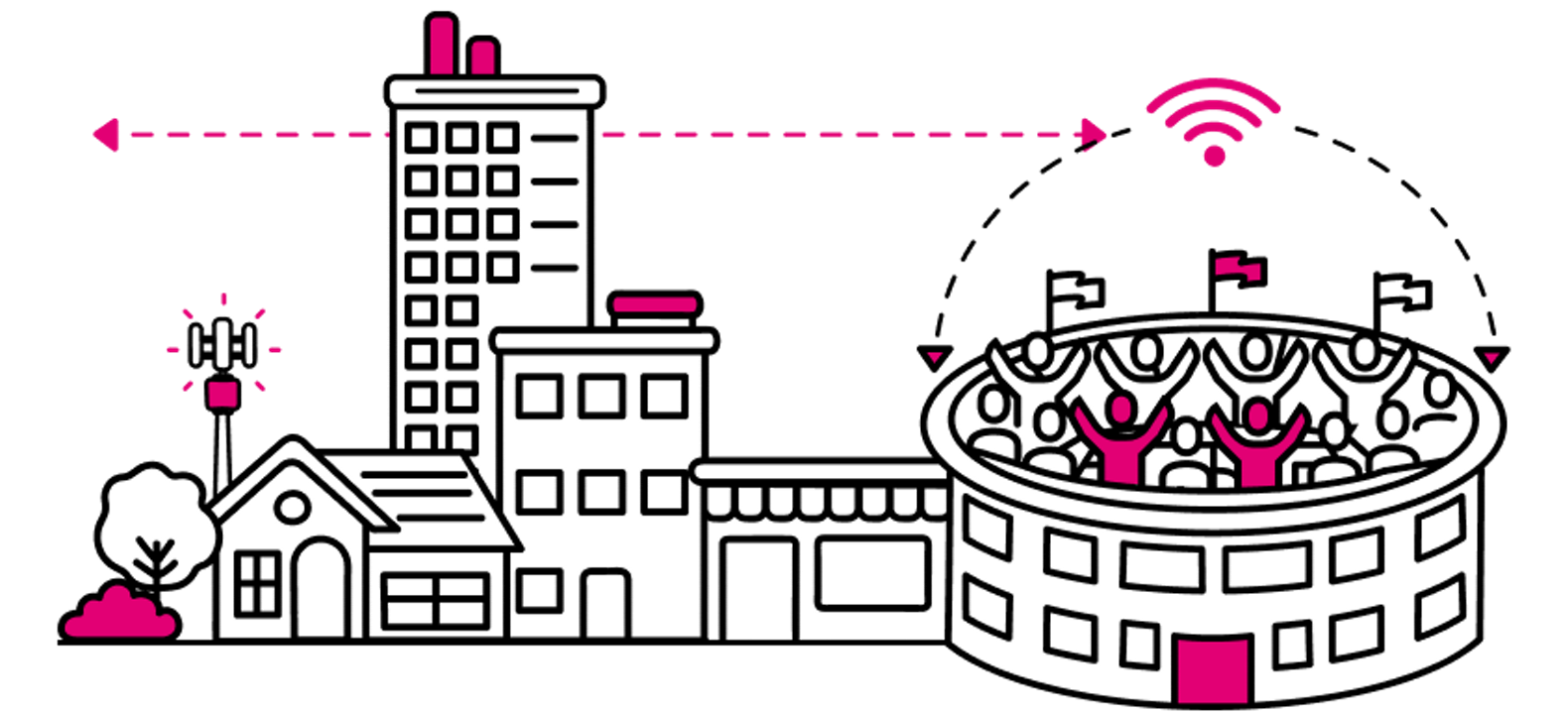 A cell tower, buildings, and fan-filled sports arena with network connectivity graphic.