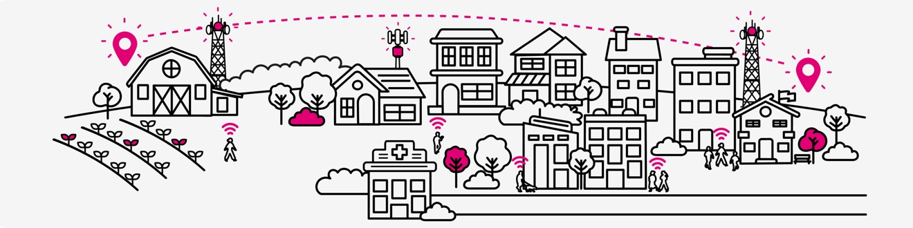 Diagram of communication signals transmitted via cell towers from rural to suburban areas.