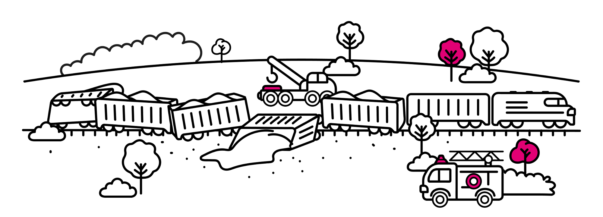 A derailed train with tipped cars, a crane, and a fire truck nearby. 