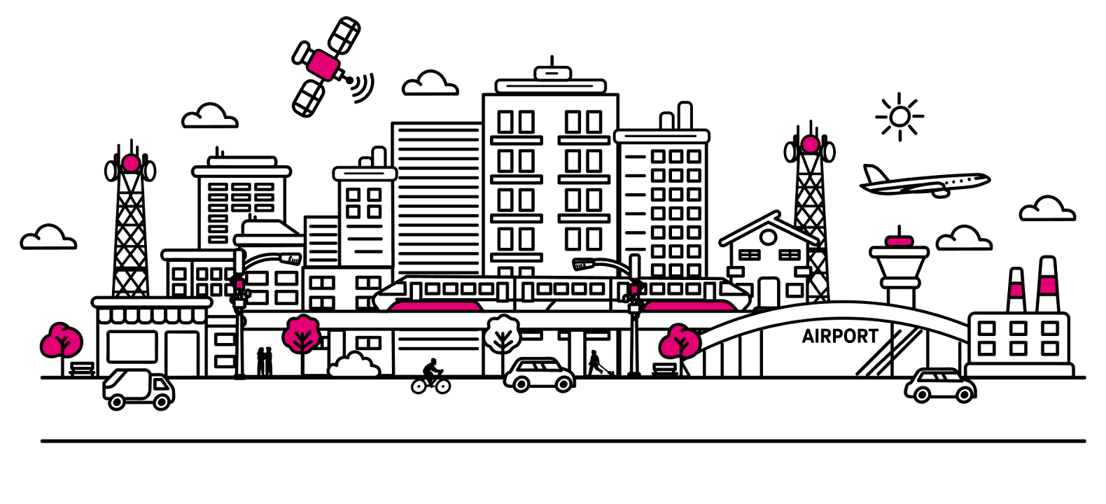Decorative cityscape showing connected buildings, cell towers and a satellite