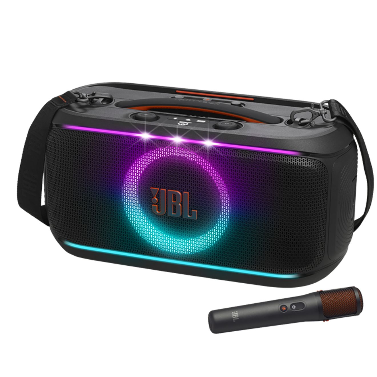PartyBox On-The-Go 2 Plus portable speaker and microphone