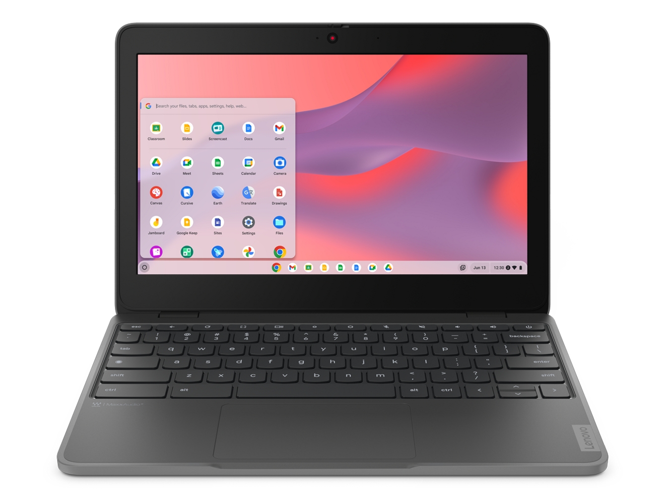 Dark gray Lenovo Chromebook with a pink and purple screen sitting on white background.