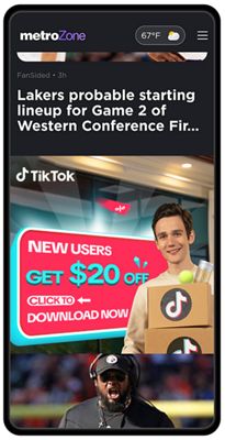 Android phone screen showing MetroZone app with sports headline and TikTok video.