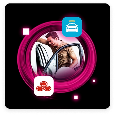 Person looking inside car and surrounded by several online auto shopping app logos