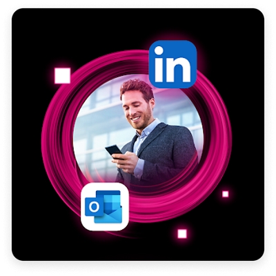 Business professional looking at smartphone and surrounded by several online business app logos