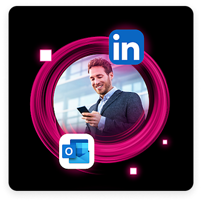Business professional looking at smartphone and surrounded by several online business app logos