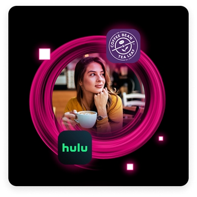 Person drinking coffee in coffee shop and surrounded by several online entertainment and coffee app logos