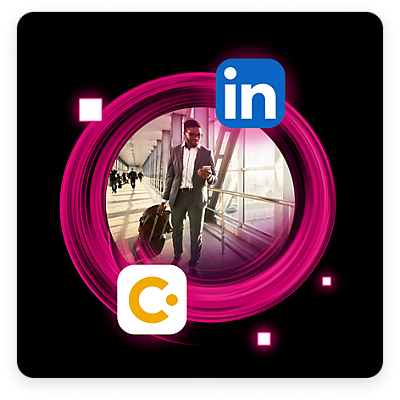 Person pulling luggage through airport as they check their smartphone and surrounded by several online business and travel app logos