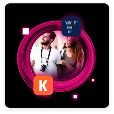 Vacationing couple surrounded by several online travel app logos