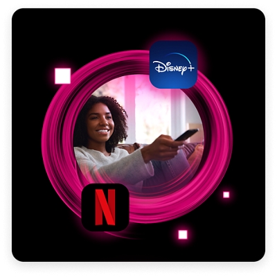 Person watching TV with remote in hand and surrounded by several online entertainment app logos