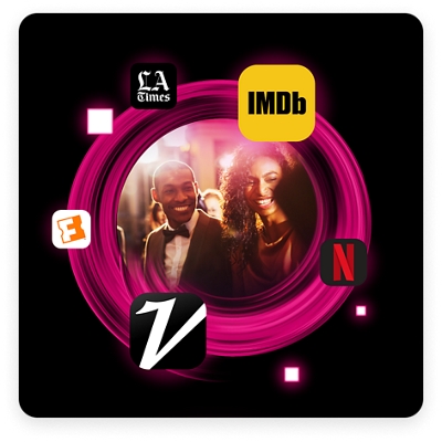 Couple attending movie premiere and surrounded by several online entertainment app logos