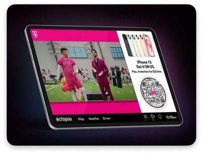 Rideshare tablet showing an ad with a QR code to order an iPhone 15