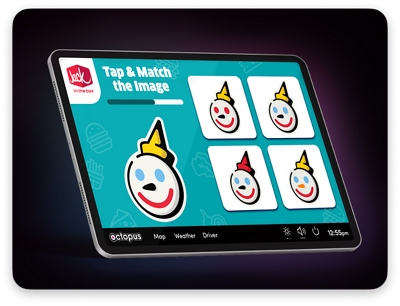 Rideshare tablet showing a branded interactive match game