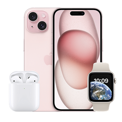 Front and back of a pink iPhone 15, a pair of Apple AirPods, and an Apple Watch SE 2nd Gen 40mm.
