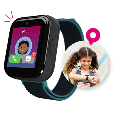 An image of a young girl looking at her smartwatch, next to an image of the SyncUP Kids Watch that shows Mom is calling.