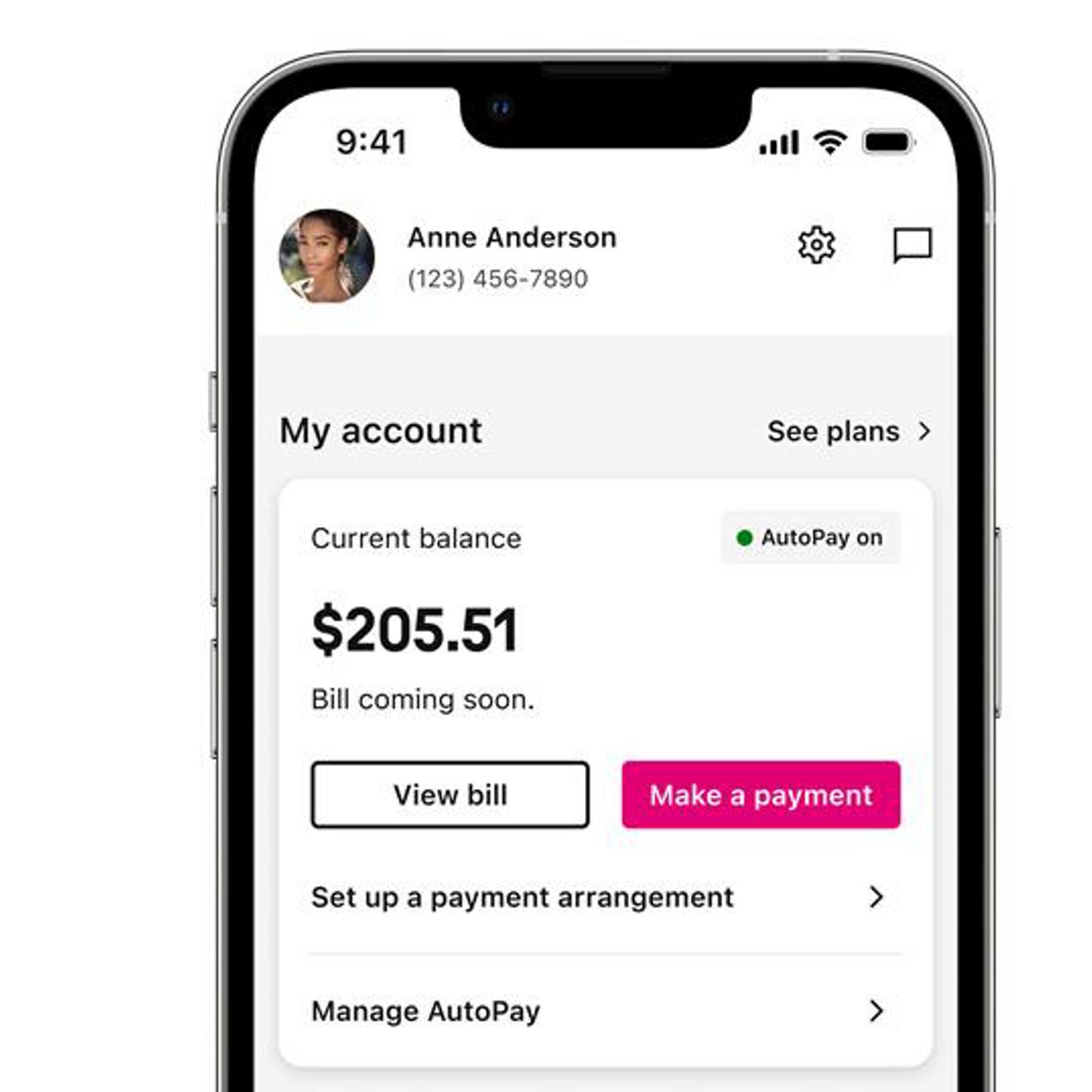A phone displaying the T-Life app screen on the Manage tab, showing an account with the current balance.