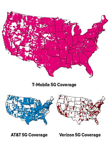 Three United States maps that compare T-Mobile’s, Verizon’s, and AT&T’s 5g coverage.