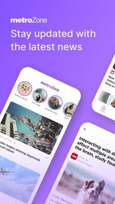 Six screens showing the MetroZone app features and benefits. Stay updated with the latest news, follow your interests, read fresh, in-depth coverage, get updates from the best sources, and take a break from news.
