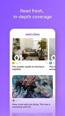 Six screens showing the MetroZone app features and benefits. Stay updated with the latest news, follow your interests, read fresh, in-depth coverage, get updates from the best sources, and take a break from news.